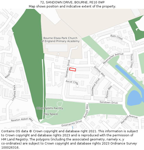 72, SANDOWN DRIVE, BOURNE, PE10 0WP: Location map and indicative extent of plot