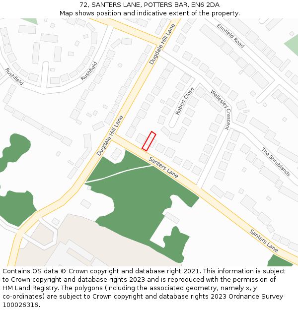 72, SANTERS LANE, POTTERS BAR, EN6 2DA: Location map and indicative extent of plot