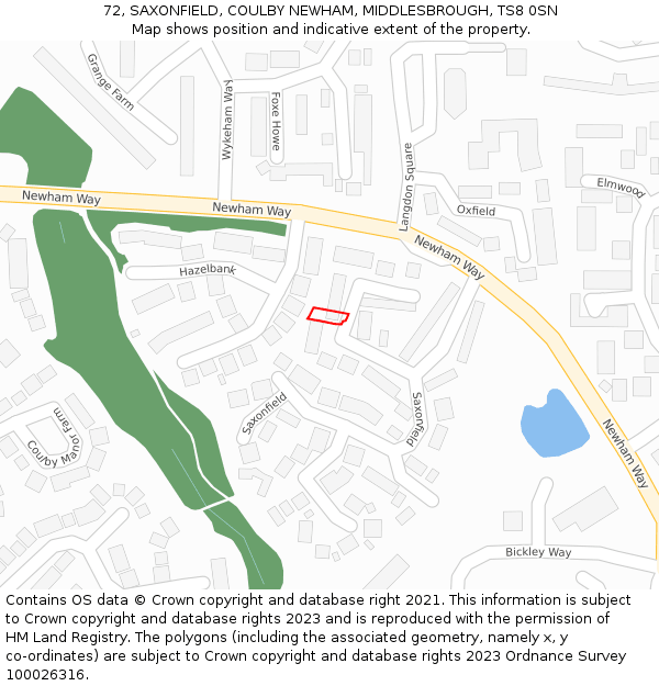 72, SAXONFIELD, COULBY NEWHAM, MIDDLESBROUGH, TS8 0SN: Location map and indicative extent of plot