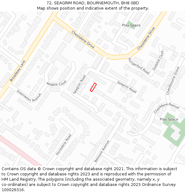 72, SEAGRIM ROAD, BOURNEMOUTH, BH8 0BD: Location map and indicative extent of plot