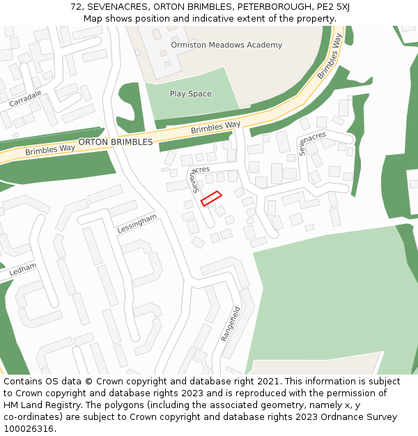 72, SEVENACRES, ORTON BRIMBLES, PETERBOROUGH, PE2 5XJ: Location map and indicative extent of plot