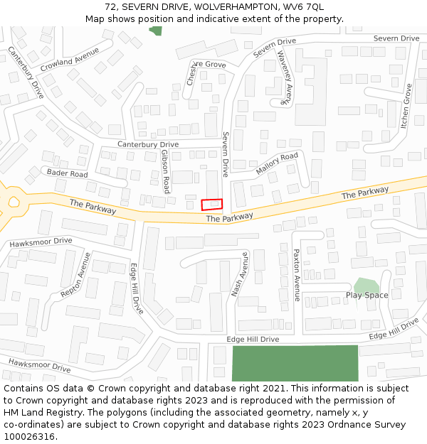 72, SEVERN DRIVE, WOLVERHAMPTON, WV6 7QL: Location map and indicative extent of plot