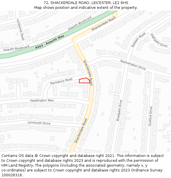 72, SHACKERDALE ROAD, LEICESTER, LE2 6HS: Location map and indicative extent of plot