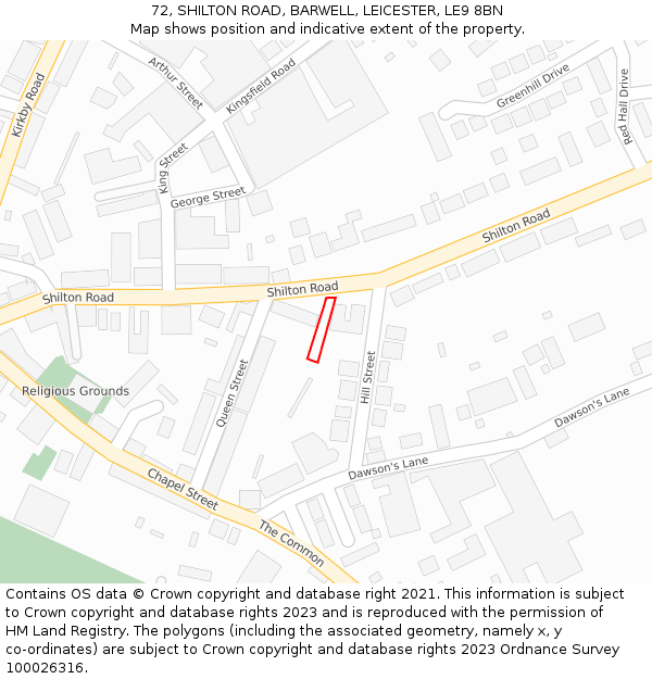 72, SHILTON ROAD, BARWELL, LEICESTER, LE9 8BN: Location map and indicative extent of plot