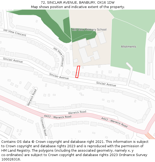 72, SINCLAIR AVENUE, BANBURY, OX16 1DW: Location map and indicative extent of plot