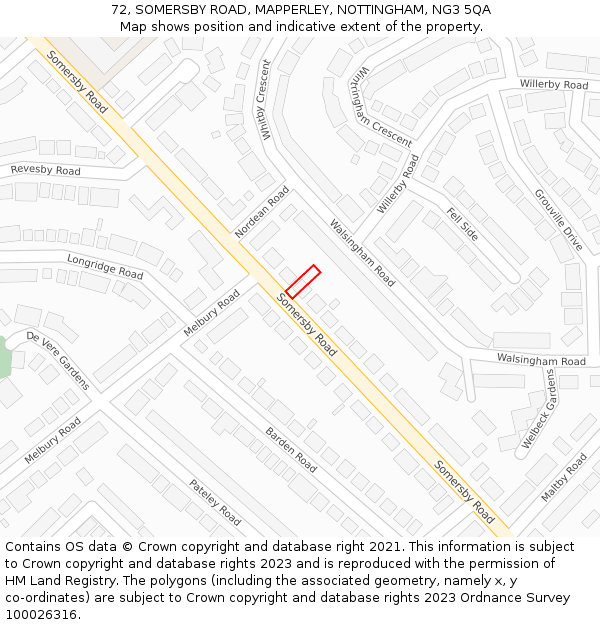 72, SOMERSBY ROAD, MAPPERLEY, NOTTINGHAM, NG3 5QA: Location map and indicative extent of plot