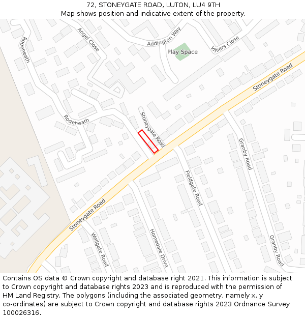 72, STONEYGATE ROAD, LUTON, LU4 9TH: Location map and indicative extent of plot