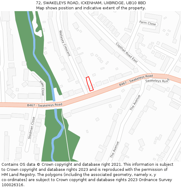 72, SWAKELEYS ROAD, ICKENHAM, UXBRIDGE, UB10 8BD: Location map and indicative extent of plot
