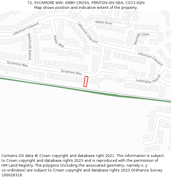 72, SYCAMORE WAY, KIRBY CROSS, FRINTON-ON-SEA, CO13 0QN: Location map and indicative extent of plot