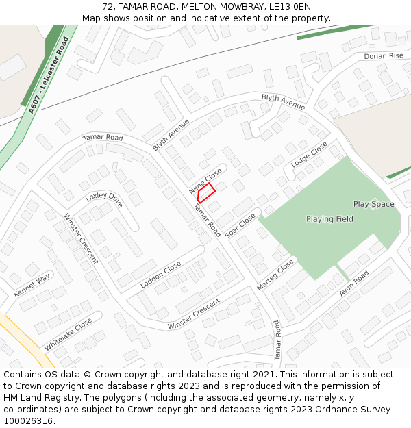 72, TAMAR ROAD, MELTON MOWBRAY, LE13 0EN: Location map and indicative extent of plot