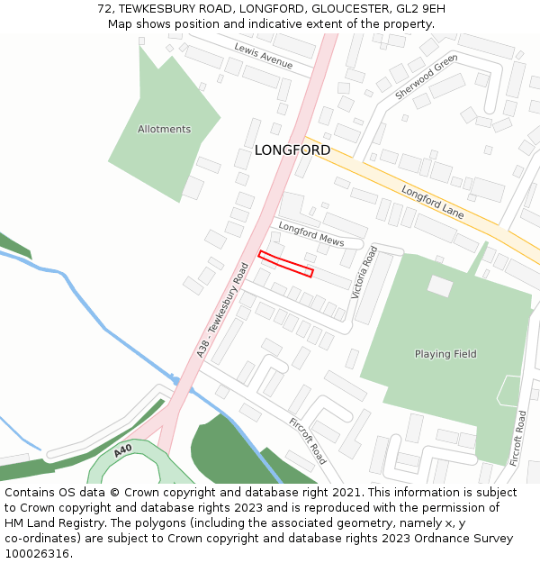 72, TEWKESBURY ROAD, LONGFORD, GLOUCESTER, GL2 9EH: Location map and indicative extent of plot