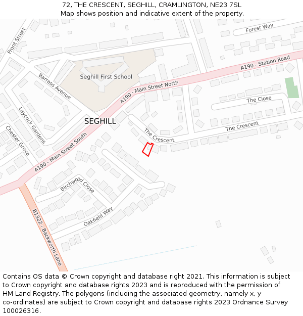 72, THE CRESCENT, SEGHILL, CRAMLINGTON, NE23 7SL: Location map and indicative extent of plot