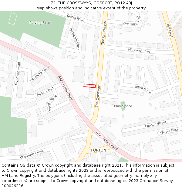 72, THE CROSSWAYS, GOSPORT, PO12 4RJ: Location map and indicative extent of plot