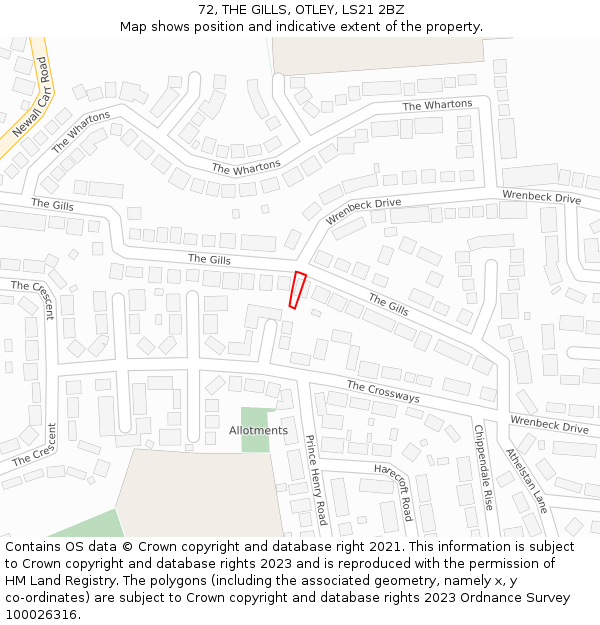 72, THE GILLS, OTLEY, LS21 2BZ: Location map and indicative extent of plot