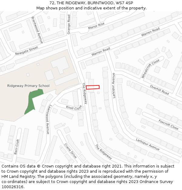 72, THE RIDGEWAY, BURNTWOOD, WS7 4SP: Location map and indicative extent of plot