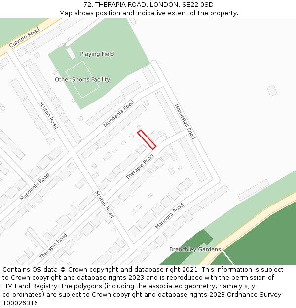 72, THERAPIA ROAD, LONDON, SE22 0SD: Location map and indicative extent of plot
