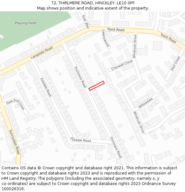 72, THIRLMERE ROAD, HINCKLEY, LE10 0PF: Location map and indicative extent of plot