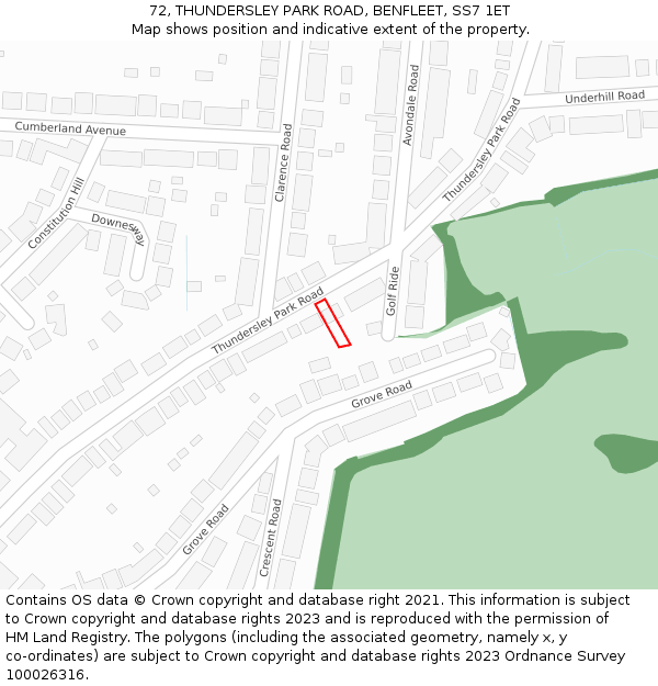 72, THUNDERSLEY PARK ROAD, BENFLEET, SS7 1ET: Location map and indicative extent of plot