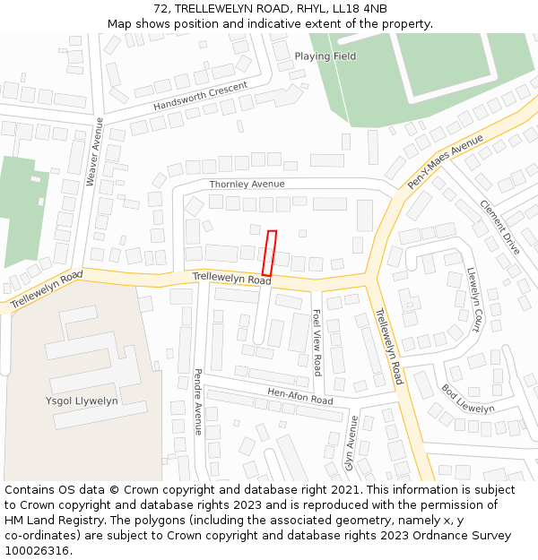 72, TRELLEWELYN ROAD, RHYL, LL18 4NB: Location map and indicative extent of plot