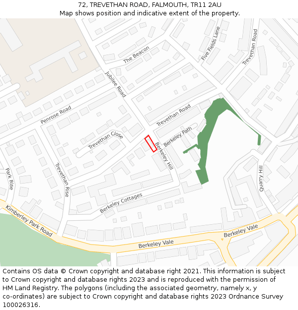 72, TREVETHAN ROAD, FALMOUTH, TR11 2AU: Location map and indicative extent of plot