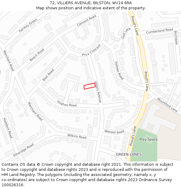 72, VILLIERS AVENUE, BILSTON, WV14 6RA: Location map and indicative extent of plot