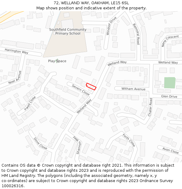 72, WELLAND WAY, OAKHAM, LE15 6SL: Location map and indicative extent of plot