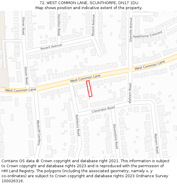 72, WEST COMMON LANE, SCUNTHORPE, DN17 1DU: Location map and indicative extent of plot