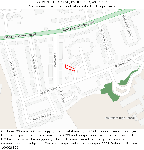 72, WESTFIELD DRIVE, KNUTSFORD, WA16 0BN: Location map and indicative extent of plot