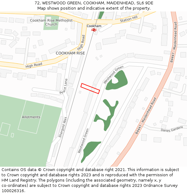 72, WESTWOOD GREEN, COOKHAM, MAIDENHEAD, SL6 9DE: Location map and indicative extent of plot