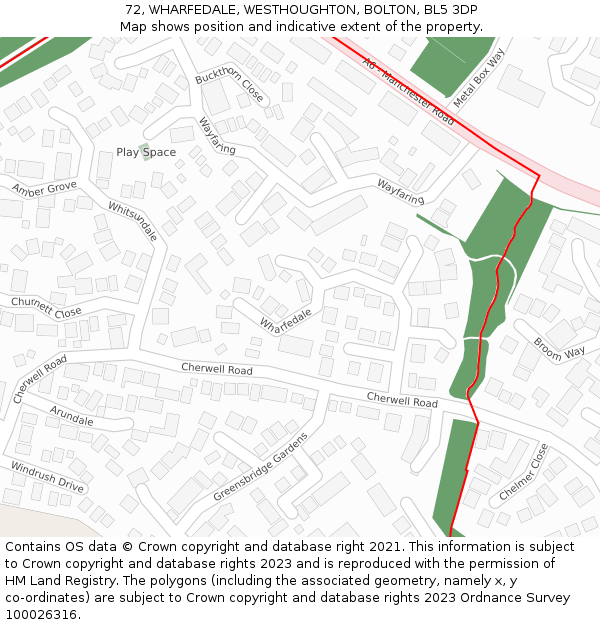 72, WHARFEDALE, WESTHOUGHTON, BOLTON, BL5 3DP: Location map and indicative extent of plot