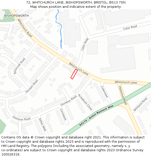 72, WHITCHURCH LANE, BISHOPSWORTH, BRISTOL, BS13 7SN: Location map and indicative extent of plot