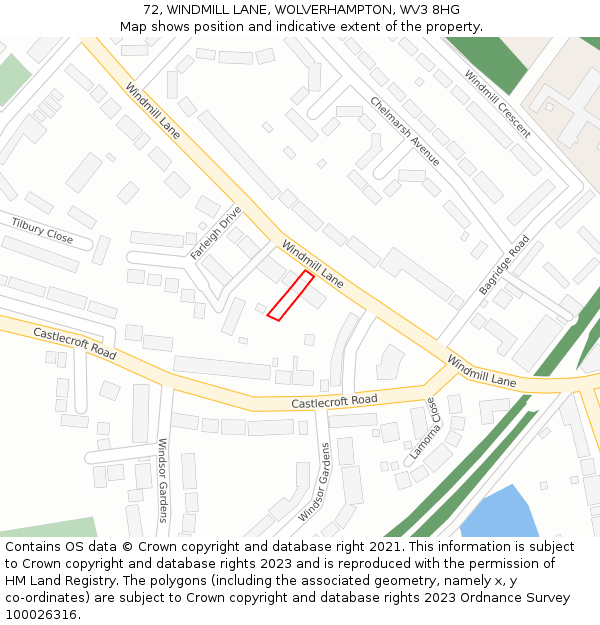 72, WINDMILL LANE, WOLVERHAMPTON, WV3 8HG: Location map and indicative extent of plot