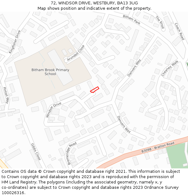 72, WINDSOR DRIVE, WESTBURY, BA13 3UG: Location map and indicative extent of plot