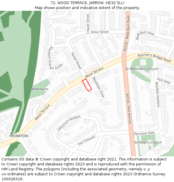 72, WOOD TERRACE, JARROW, NE32 5LU: Location map and indicative extent of plot