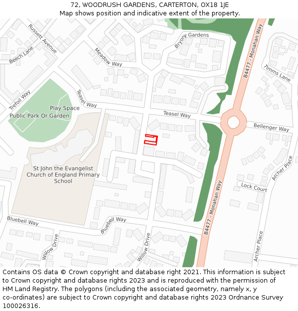 72, WOODRUSH GARDENS, CARTERTON, OX18 1JE: Location map and indicative extent of plot