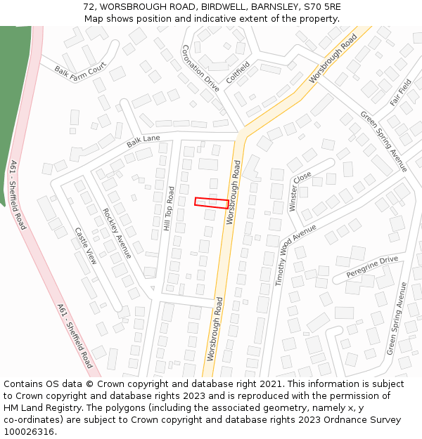 72, WORSBROUGH ROAD, BIRDWELL, BARNSLEY, S70 5RE: Location map and indicative extent of plot