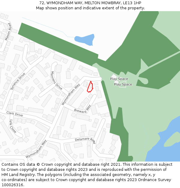 72, WYMONDHAM WAY, MELTON MOWBRAY, LE13 1HP: Location map and indicative extent of plot