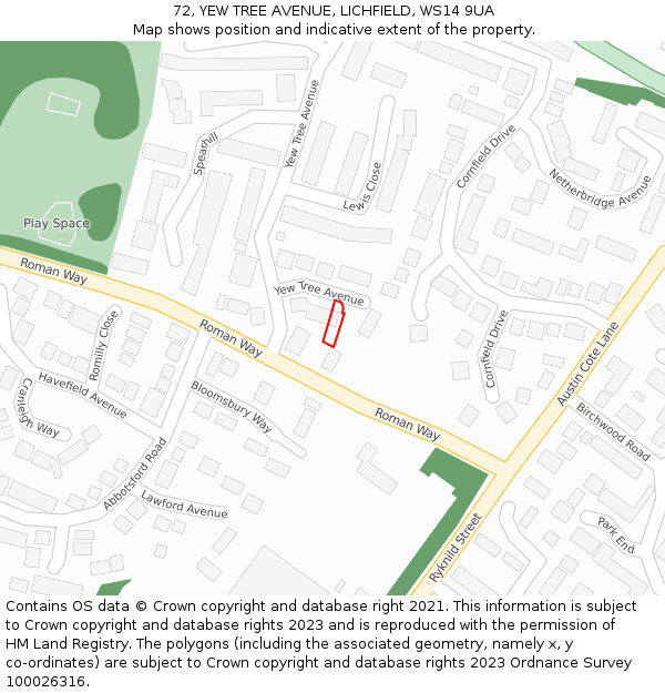 72, YEW TREE AVENUE, LICHFIELD, WS14 9UA: Location map and indicative extent of plot