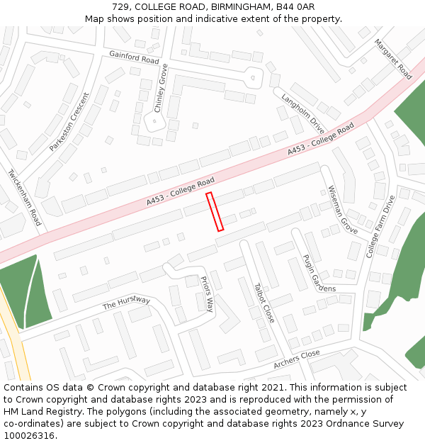 729, COLLEGE ROAD, BIRMINGHAM, B44 0AR: Location map and indicative extent of plot