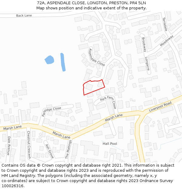 72A, ASPENDALE CLOSE, LONGTON, PRESTON, PR4 5LN: Location map and indicative extent of plot