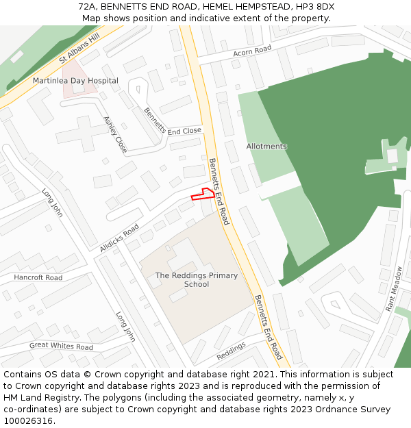 72A, BENNETTS END ROAD, HEMEL HEMPSTEAD, HP3 8DX: Location map and indicative extent of plot