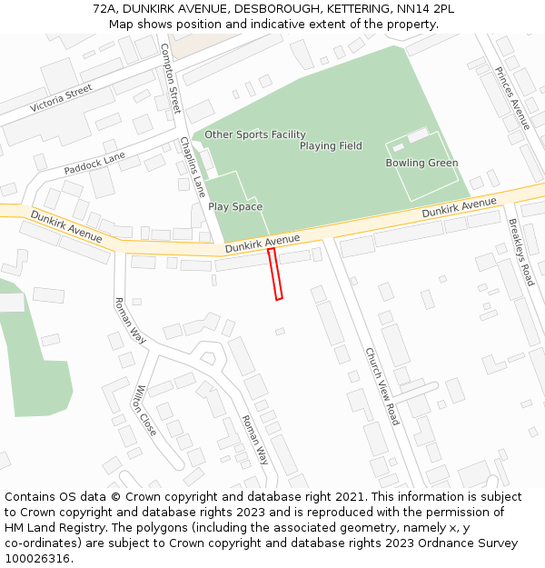 72A, DUNKIRK AVENUE, DESBOROUGH, KETTERING, NN14 2PL: Location map and indicative extent of plot