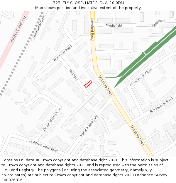 72B, ELY CLOSE, HATFIELD, AL10 0DN: Location map and indicative extent of plot