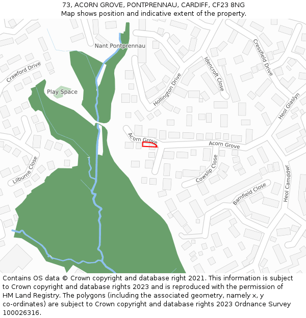 73, ACORN GROVE, PONTPRENNAU, CARDIFF, CF23 8NG: Location map and indicative extent of plot