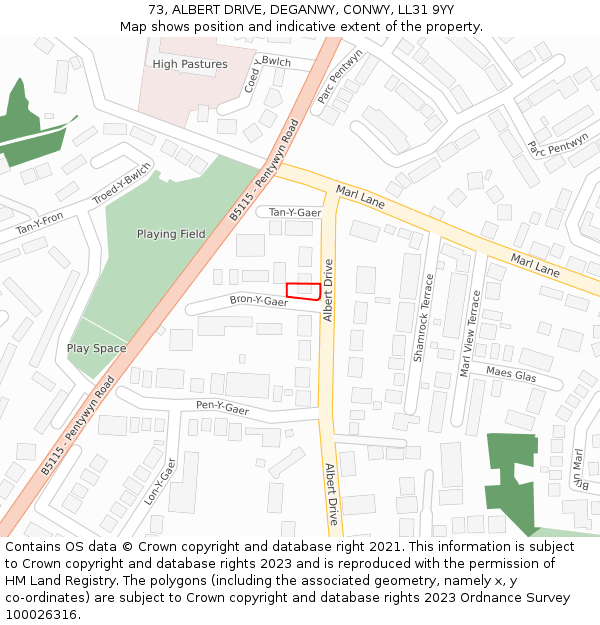 73, ALBERT DRIVE, DEGANWY, CONWY, LL31 9YY: Location map and indicative extent of plot