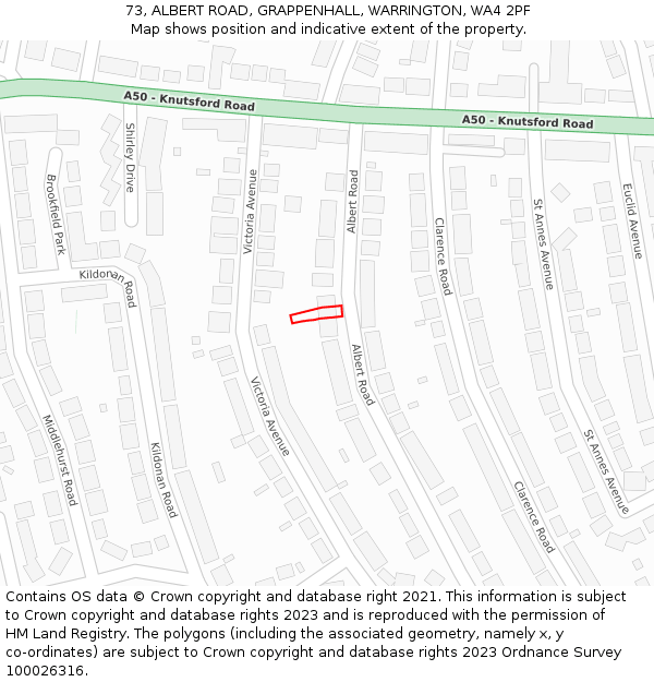 73, ALBERT ROAD, GRAPPENHALL, WARRINGTON, WA4 2PF: Location map and indicative extent of plot