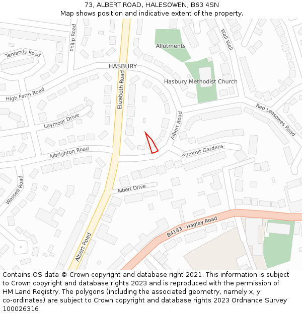 73, ALBERT ROAD, HALESOWEN, B63 4SN: Location map and indicative extent of plot