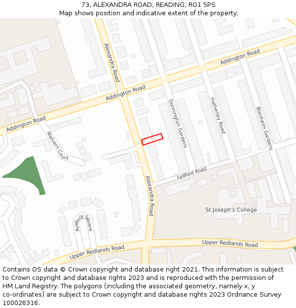 73, ALEXANDRA ROAD, READING, RG1 5PS: Location map and indicative extent of plot