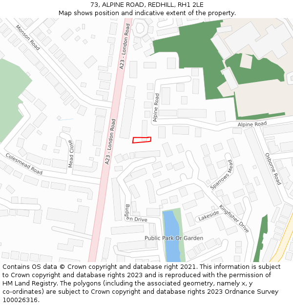 73, ALPINE ROAD, REDHILL, RH1 2LE: Location map and indicative extent of plot