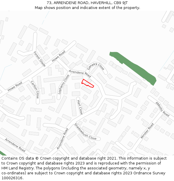 73, ARRENDENE ROAD, HAVERHILL, CB9 9JT: Location map and indicative extent of plot